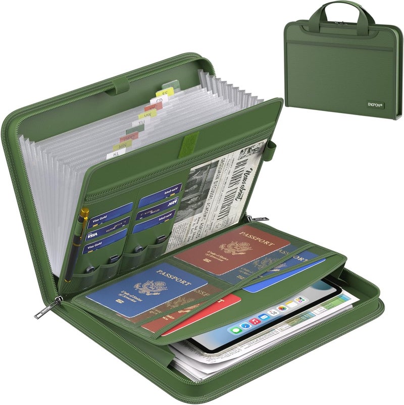 ENGPOW Accordion File Organizer,Fireproof Expanding File Folder with Multi Pockets,13 Pockets Document Organizer with Handle & Labels,Portable Home Travel Safe Storage for Letter A4 Files,Green - Image 1